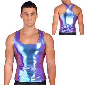 Men’s Shiny Metallic Tank Tops Blue (See size measurement in description)